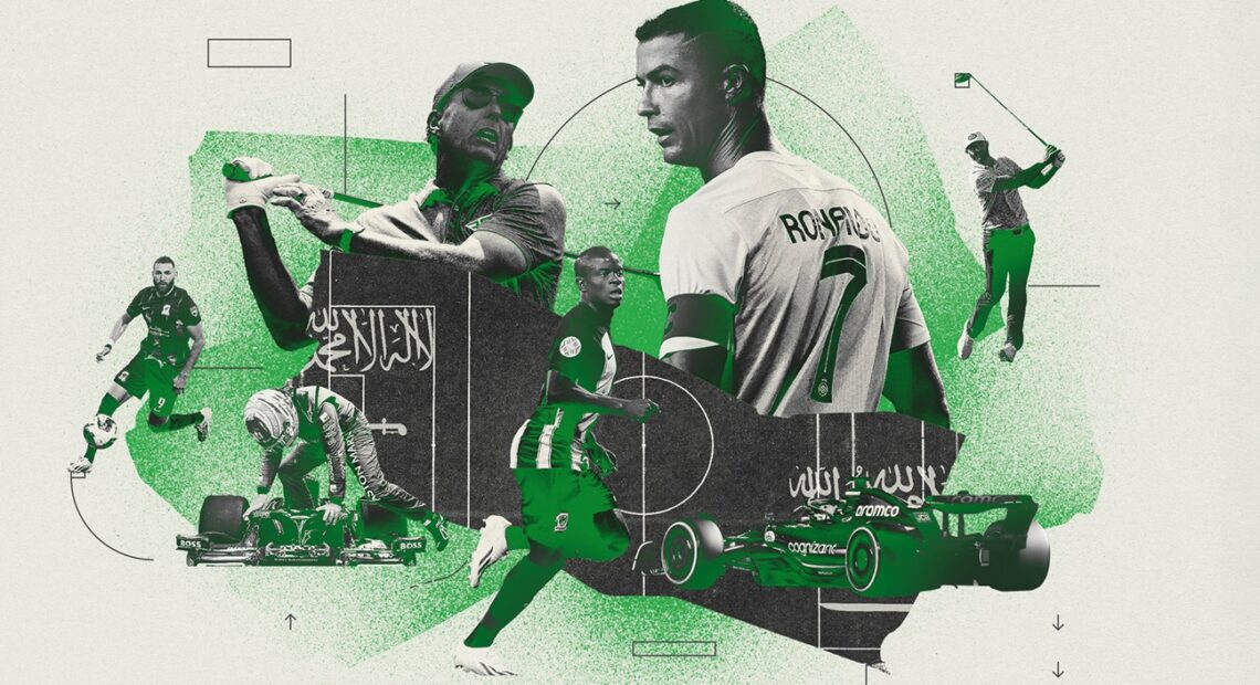 Collage showing sports players Christiano Ronaldo, Phil Mickelson, Karim Benzema, N'Golo Kante and the Aston Martin Formula One car.