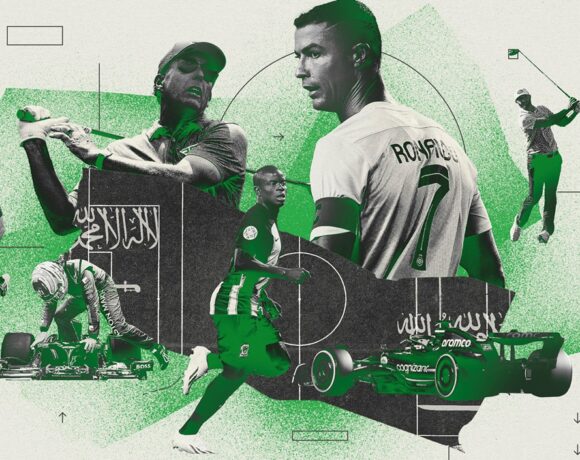 Collage showing sports players Christiano Ronaldo, Phil Mickelson, Karim Benzema, N'Golo Kante and the Aston Martin Formula One car.